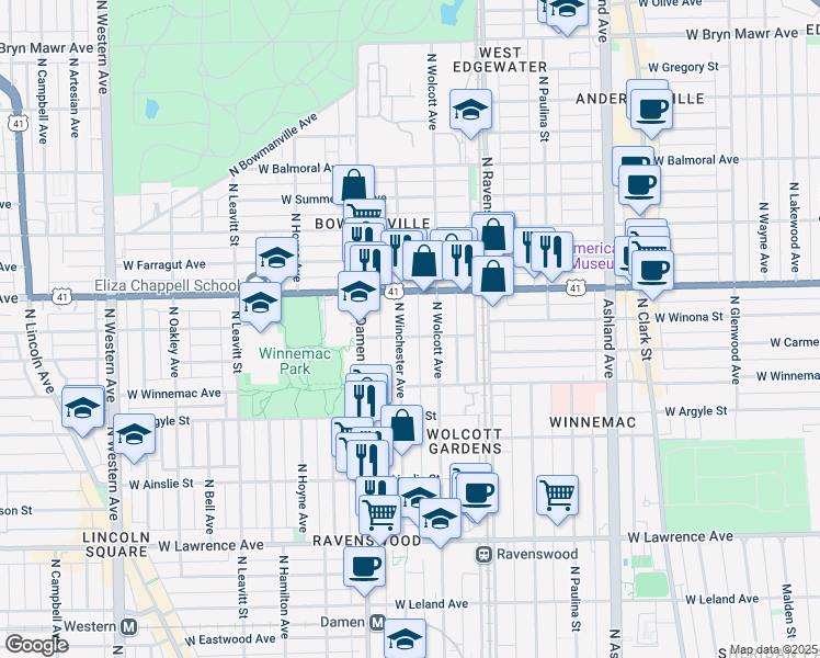 map of restaurants, bars, coffee shops, grocery stores, and more near 1932 West Winona Street in Chicago