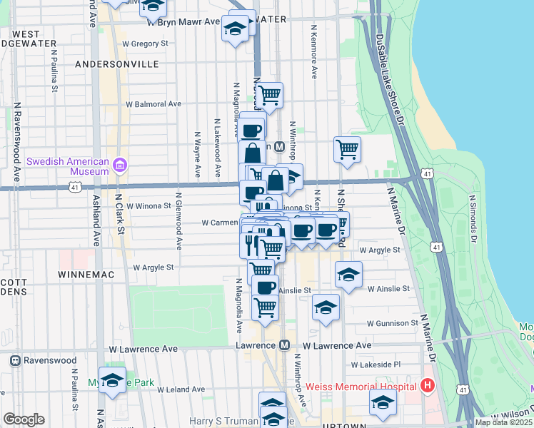 map of restaurants, bars, coffee shops, grocery stores, and more near 5080 North Broadway in Chicago
