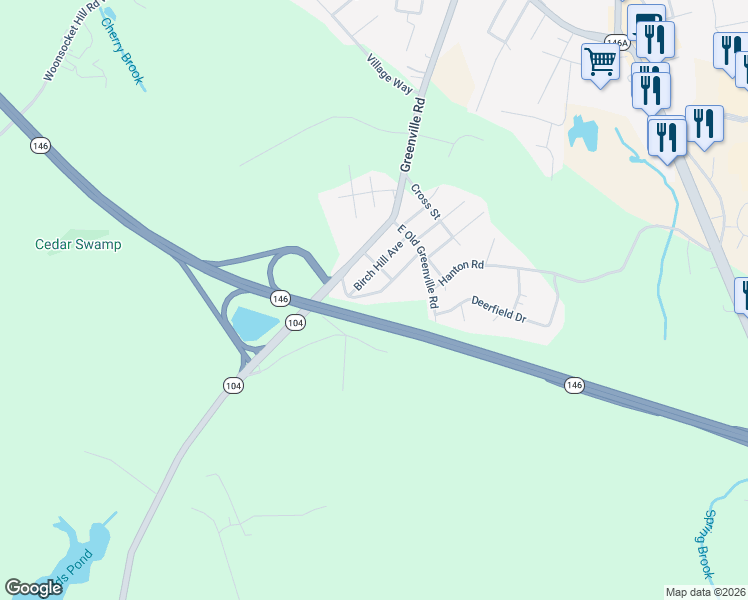 map of restaurants, bars, coffee shops, grocery stores, and more near 34 Oak Hill Avenue in North Smithfield