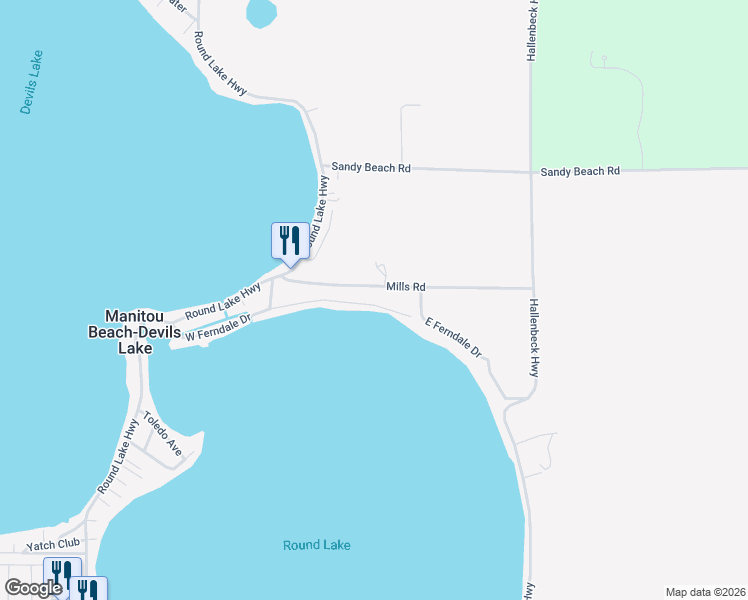 map of restaurants, bars, coffee shops, grocery stores, and more near 9100 West Ferndale Drive in Manitou Beach-Devils Lake