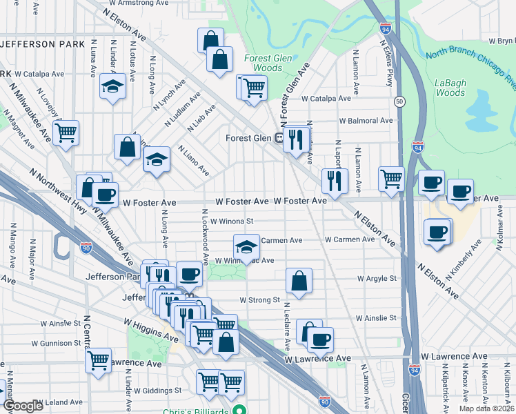map of restaurants, bars, coffee shops, grocery stores, and more near 5141 West Foster Avenue in Chicago