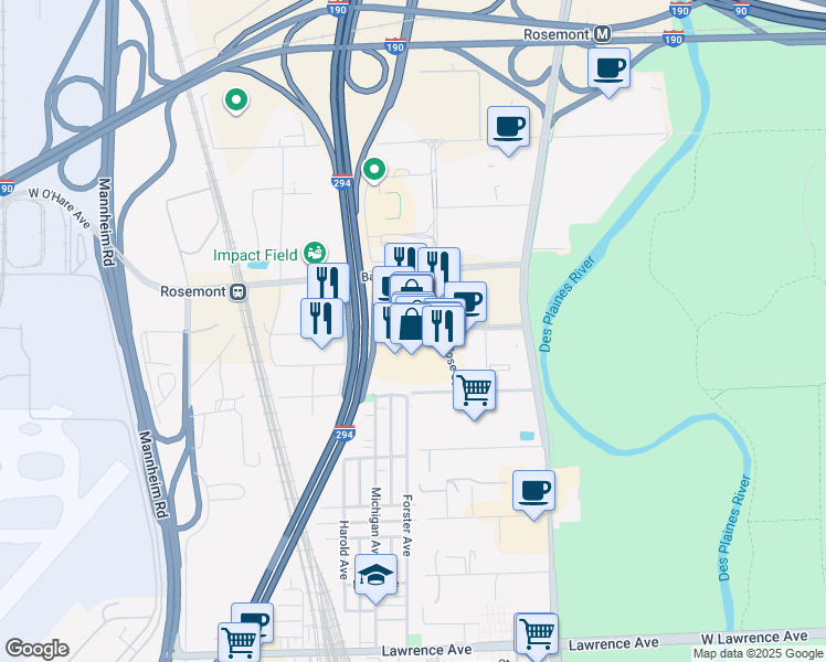 map of restaurants, bars, coffee shops, grocery stores, and more near 5220 Fashion Outlets Way in Rosemont