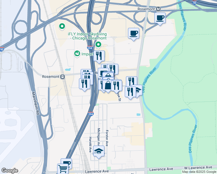 map of restaurants, bars, coffee shops, grocery stores, and more near 5220 Fashion Outlets Way in Rosemont