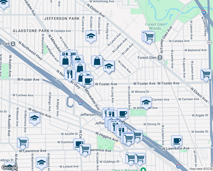 map of restaurants, bars, coffee shops, grocery stores, and more near 5141 North Lotus Avenue in Chicago