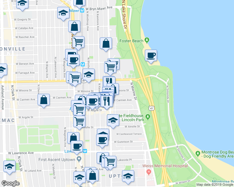 map of restaurants, bars, coffee shops, grocery stores, and more near 932 West Carmen Avenue in Chicago
