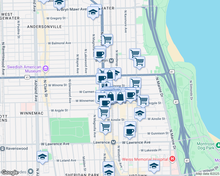 map of restaurants, bars, coffee shops, grocery stores, and more near 5042 North Winthrop Avenue in Chicago