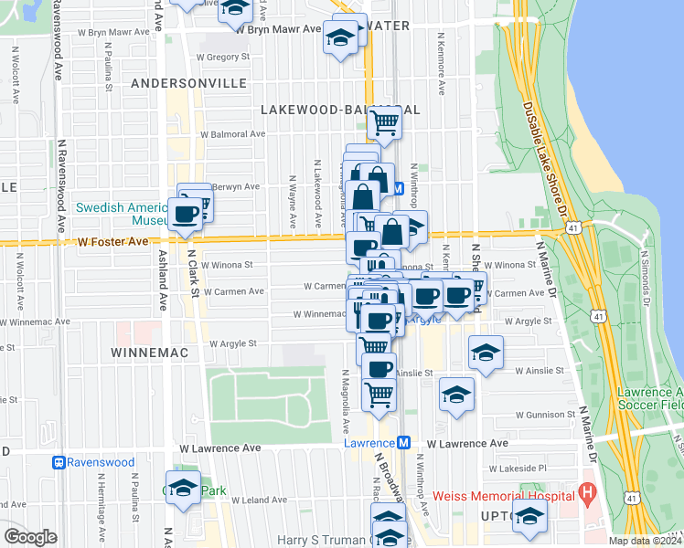 map of restaurants, bars, coffee shops, grocery stores, and more near 1241 West Carmen Avenue in Chicago