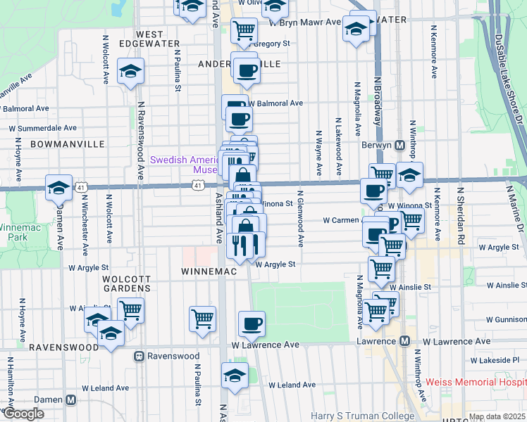 map of restaurants, bars, coffee shops, grocery stores, and more near 1470 West Carmen Avenue in Chicago