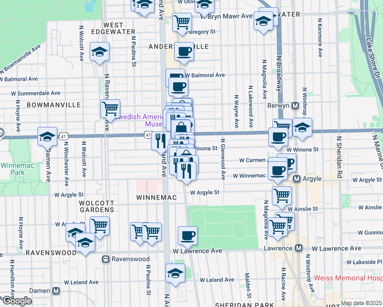 map of restaurants, bars, coffee shops, grocery stores, and more near 1472 West Carmen Avenue in Chicago