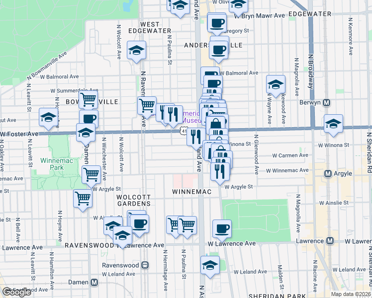 map of restaurants, bars, coffee shops, grocery stores, and more near 1618 West Carmen Avenue in Chicago
