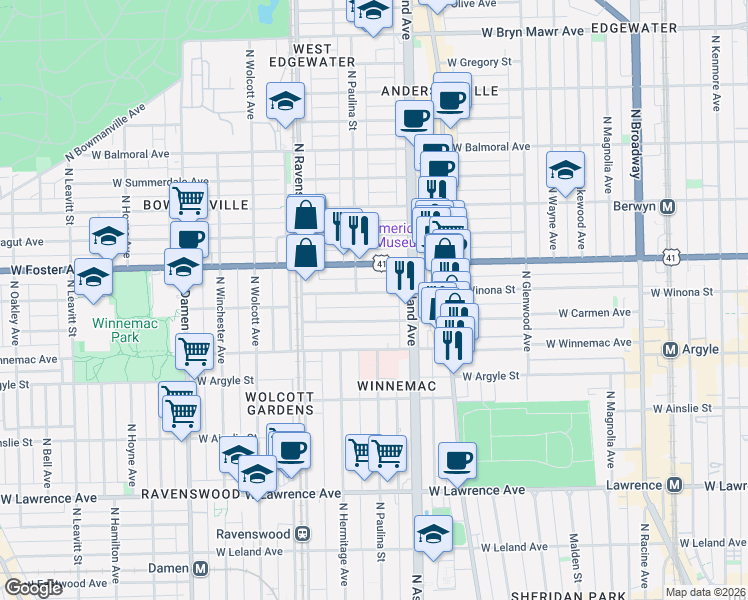 map of restaurants, bars, coffee shops, grocery stores, and more near 1660 West Carmen Avenue in Chicago