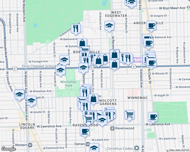 map of restaurants, bars, coffee shops, grocery stores, and more near 5074 North Winchester Avenue in Chicago