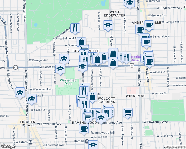 map of restaurants, bars, coffee shops, grocery stores, and more near 5074 North Winchester Avenue in Chicago