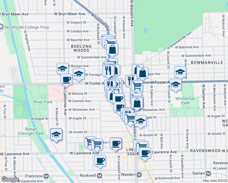 map of restaurants, bars, coffee shops, grocery stores, and more near 5111 North Lincoln Avenue in Chicago