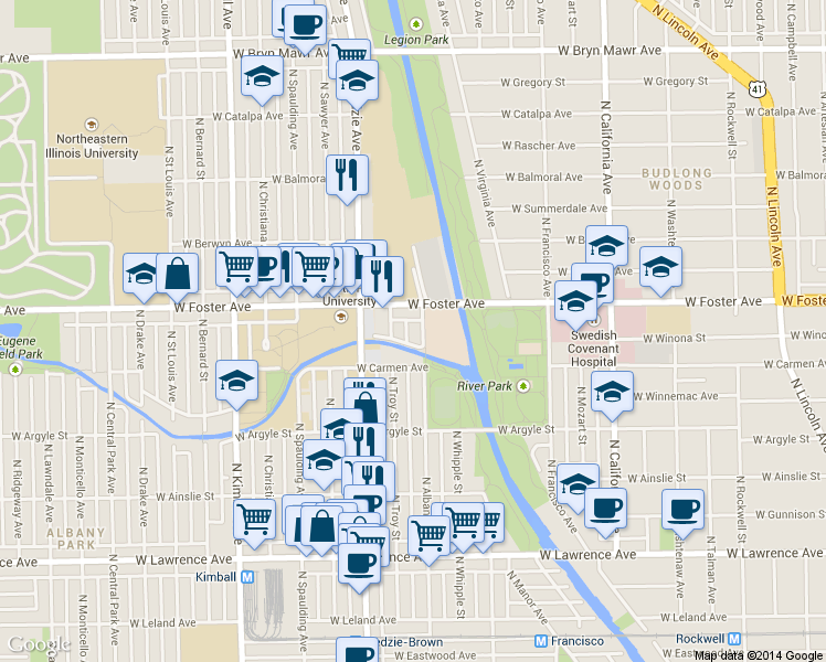 map of restaurants, bars, coffee shops, grocery stores, and more near 5100 North Albany Avenue in Chicago