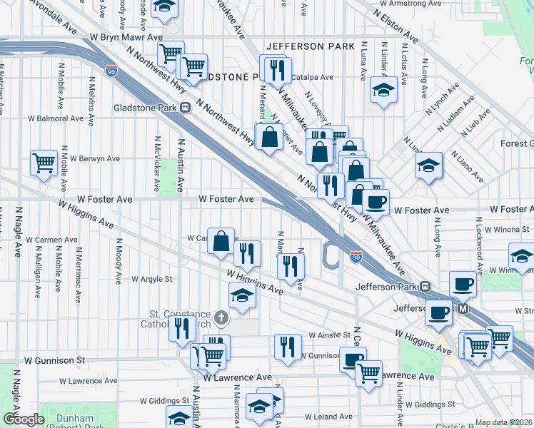 map of restaurants, bars, coffee shops, grocery stores, and more near 5118 North Mango Avenue in Chicago