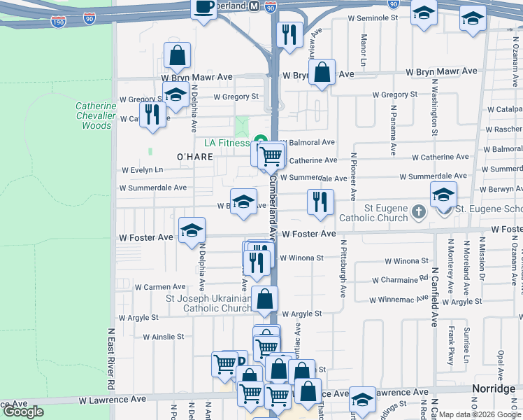 map of restaurants, bars, coffee shops, grocery stores, and more near 5200 North Cumberland Avenue in Norridge