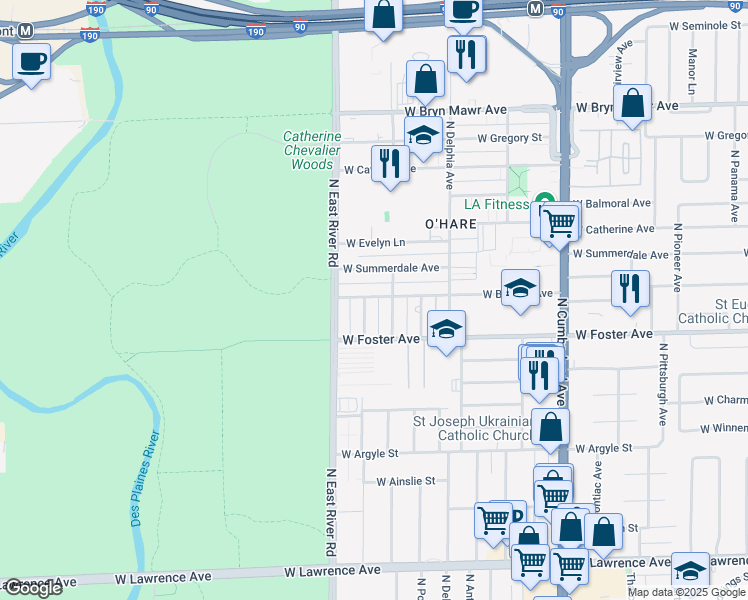 map of restaurants, bars, coffee shops, grocery stores, and more near 5222 North Oakview Avenue in Chicago