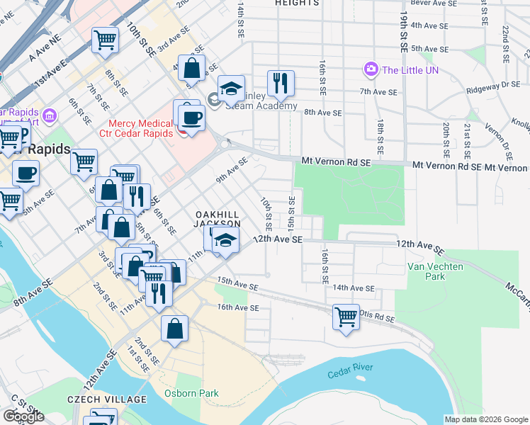 map of restaurants, bars, coffee shops, grocery stores, and more near 1120 9th Street Southeast in Cedar Rapids