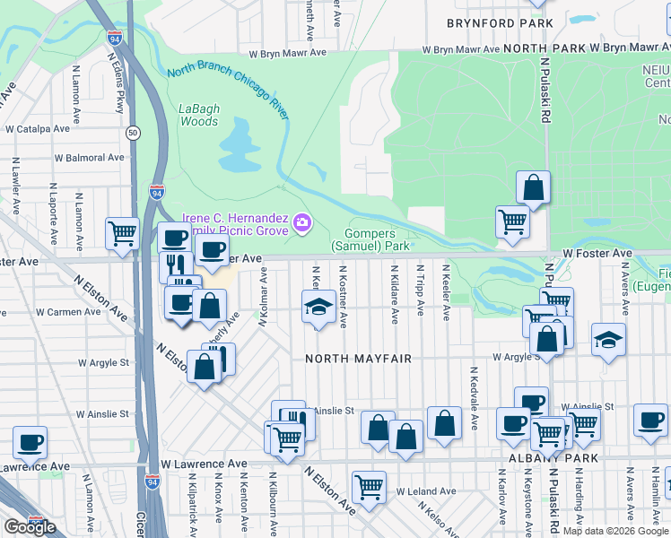 map of restaurants, bars, coffee shops, grocery stores, and more near 5148 North Kostner Avenue in Chicago