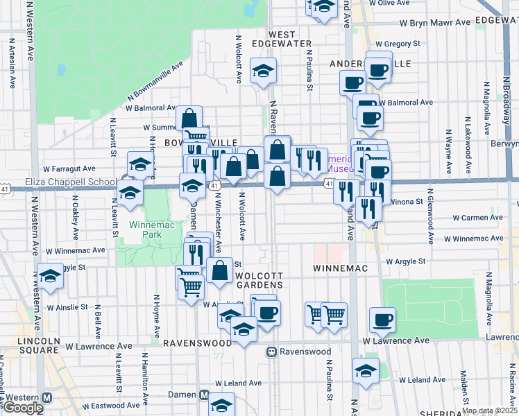 map of restaurants, bars, coffee shops, grocery stores, and more near 5070 North Ravenswood Avenue in Chicago