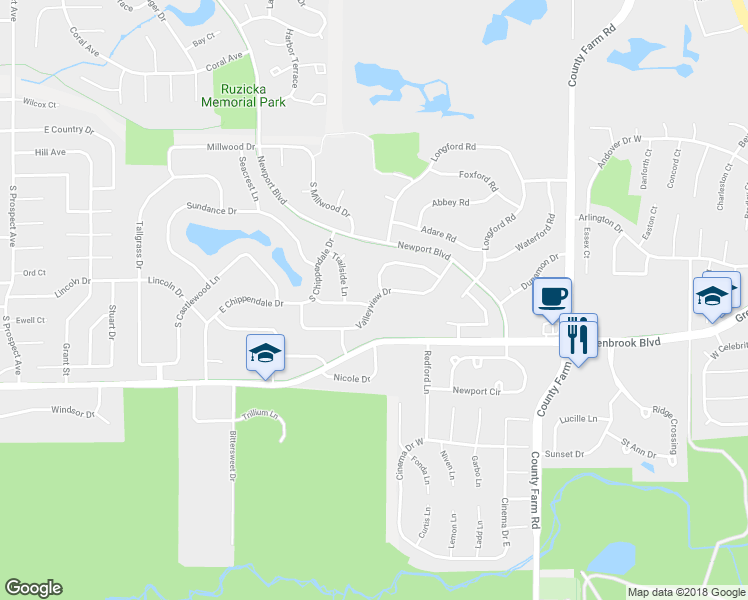 map of restaurants, bars, coffee shops, grocery stores, and more near 494 Valleyview Drive in Bartlett