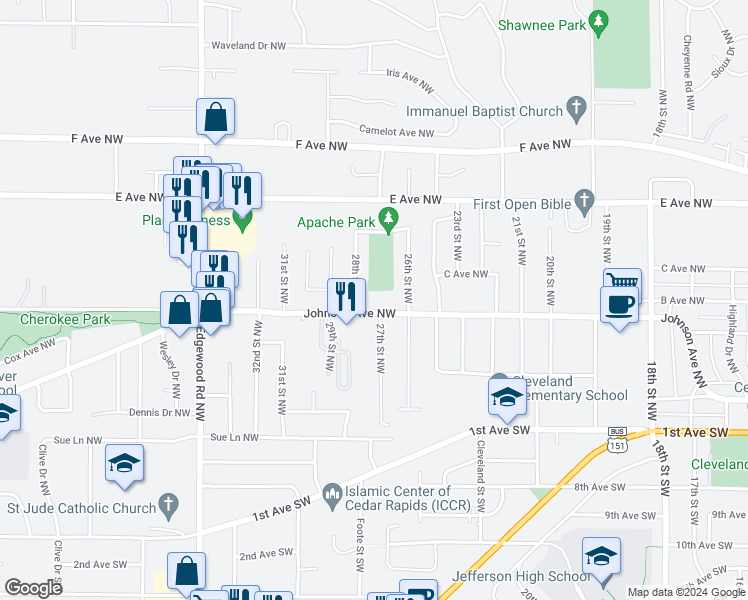 map of restaurants, bars, coffee shops, grocery stores, and more near 2720 Johnson Avenue Northwest in Cedar Rapids