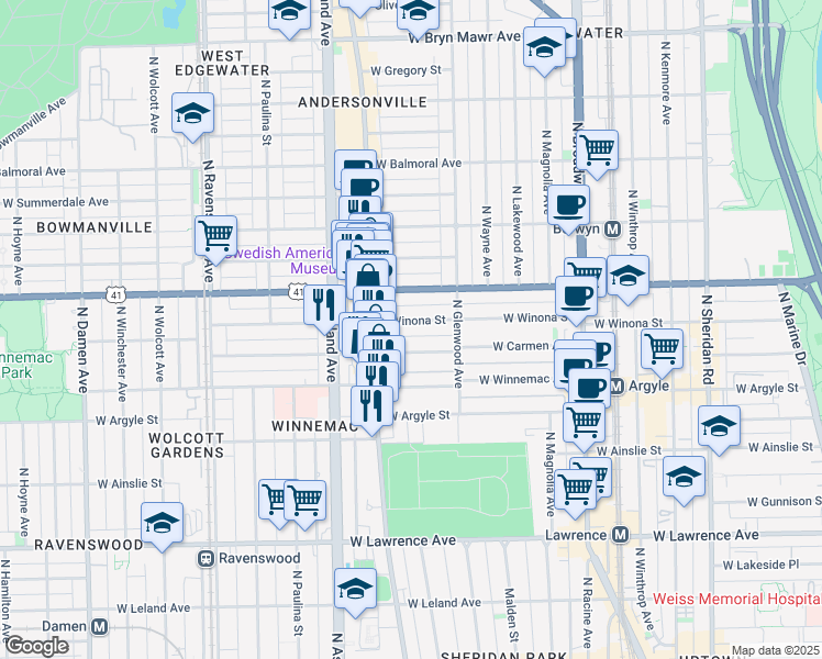 map of restaurants, bars, coffee shops, grocery stores, and more near 1430 West Carmen Avenue in Chicago