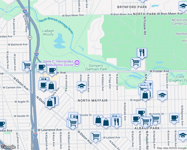 map of restaurants, bars, coffee shops, grocery stores, and more near 5129 North Lowell Avenue in Chicago