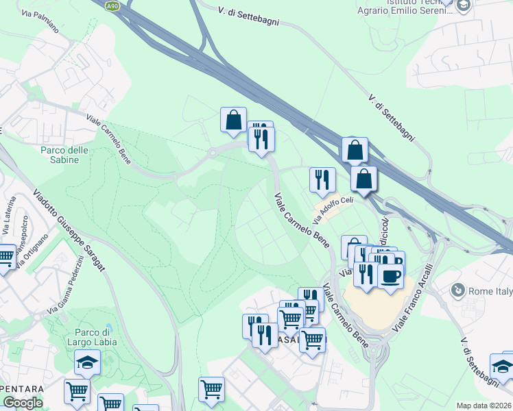 map of restaurants, bars, coffee shops, grocery stores, and more near Via Mario Castellani in Città Metropolitana di Roma