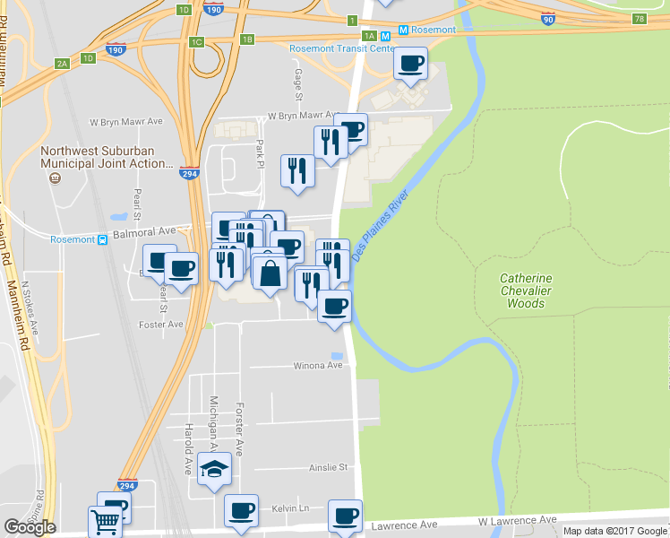 map of restaurants, bars, coffee shops, grocery stores, and more near 9511 Technology Boulevard in Rosemont