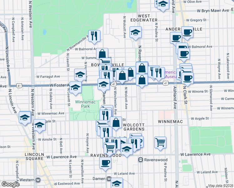 map of restaurants, bars, coffee shops, grocery stores, and more near 5074 North Winchester Avenue in Chicago