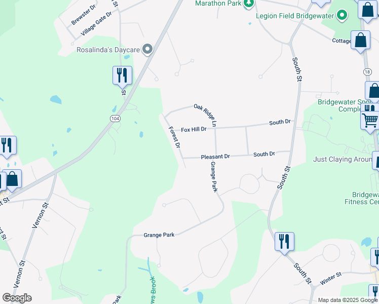 map of restaurants, bars, coffee shops, grocery stores, and more near 100 Pleasant Drive in Bridgewater