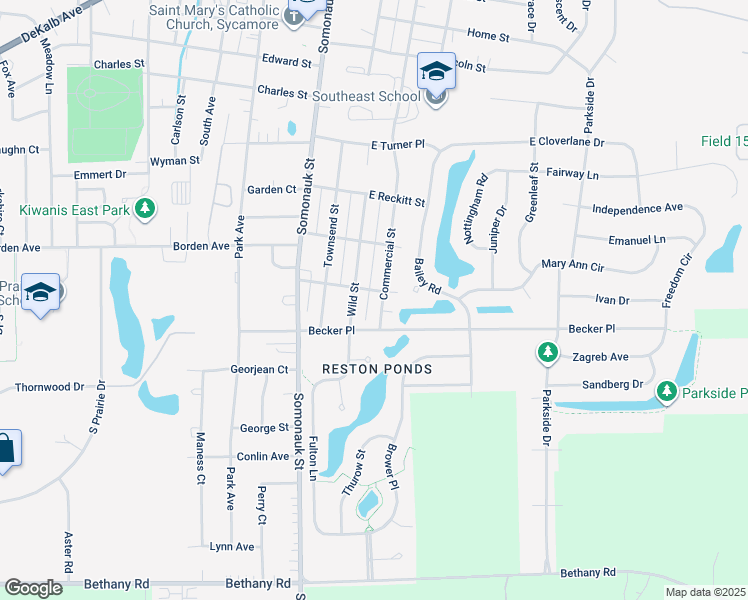 map of restaurants, bars, coffee shops, grocery stores, and more near 1227 Commercial Street in Sycamore