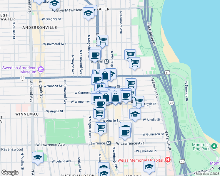 map of restaurants, bars, coffee shops, grocery stores, and more near 5042 North Winthrop Avenue in Chicago