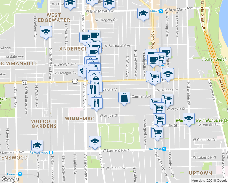 map of restaurants, bars, coffee shops, grocery stores, and more near 1430 West Carmen Avenue in Chicago