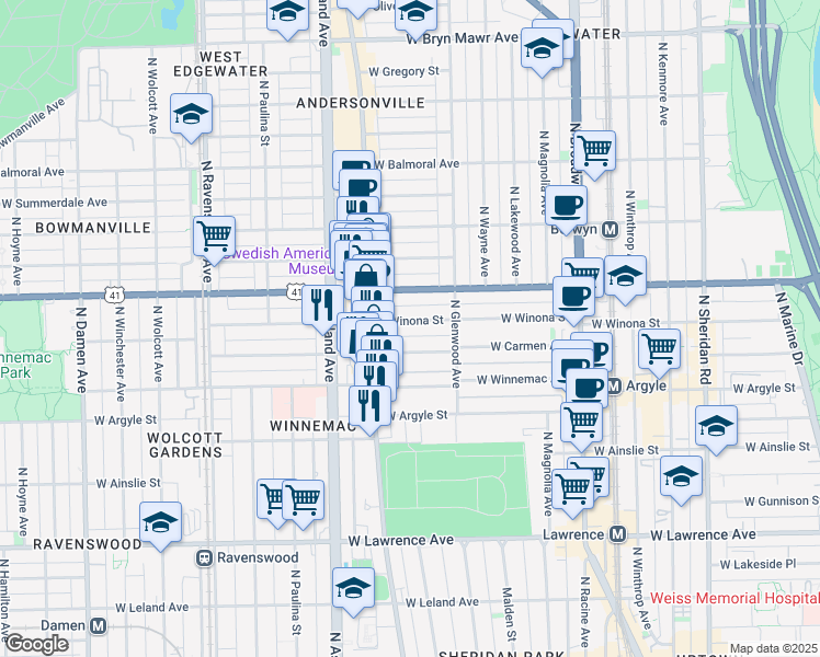 map of restaurants, bars, coffee shops, grocery stores, and more near 1430 West Carmen Avenue in Chicago