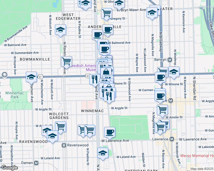 map of restaurants, bars, coffee shops, grocery stores, and more near 1472 West Carmen Avenue in Chicago