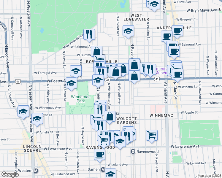 map of restaurants, bars, coffee shops, grocery stores, and more near 5074 North Winchester Avenue in Chicago