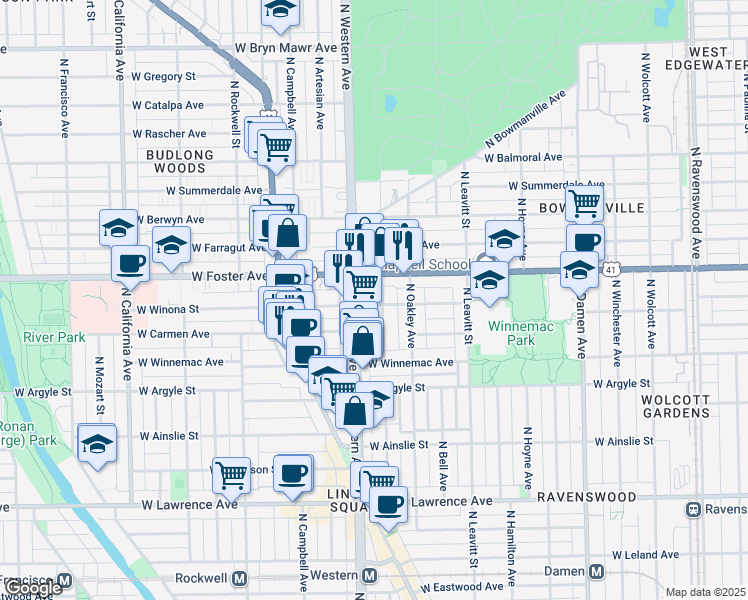 map of restaurants, bars, coffee shops, grocery stores, and more near 5107 North Western Avenue in Chicago