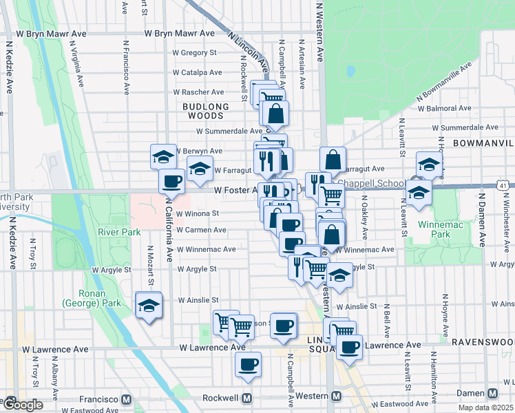 map of restaurants, bars, coffee shops, grocery stores, and more near 2515 West Winona Street in Chicago