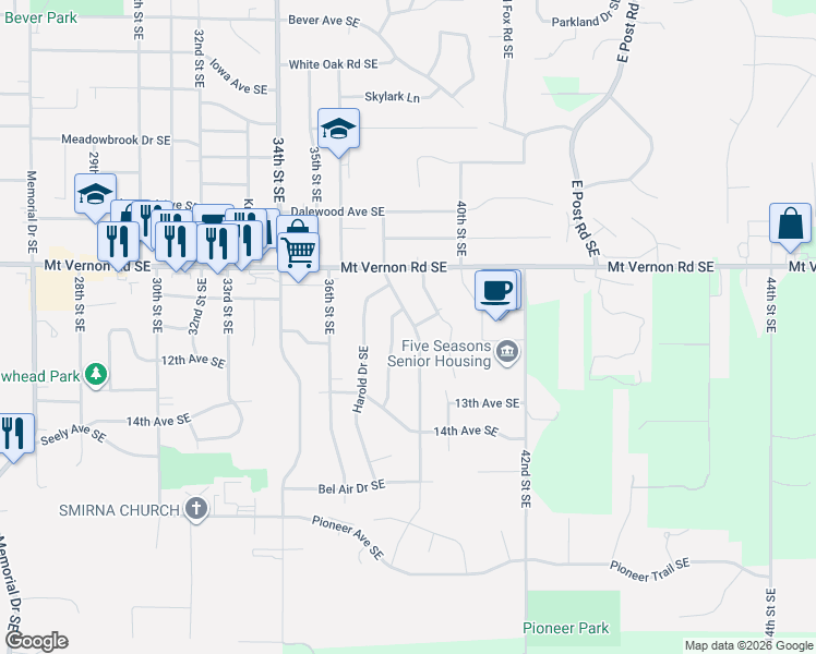 map of restaurants, bars, coffee shops, grocery stores, and more near 1112 Brockman Dr SE in Cedar Rapids