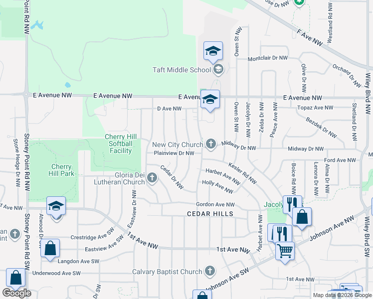 map of restaurants, bars, coffee shops, grocery stores, and more near 5451 Plainview Dr NW in Cedar Rapids