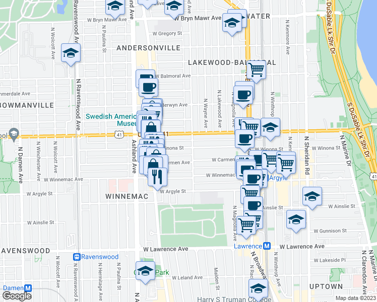 map of restaurants, bars, coffee shops, grocery stores, and more near 1405 West Winona Street in Chicago