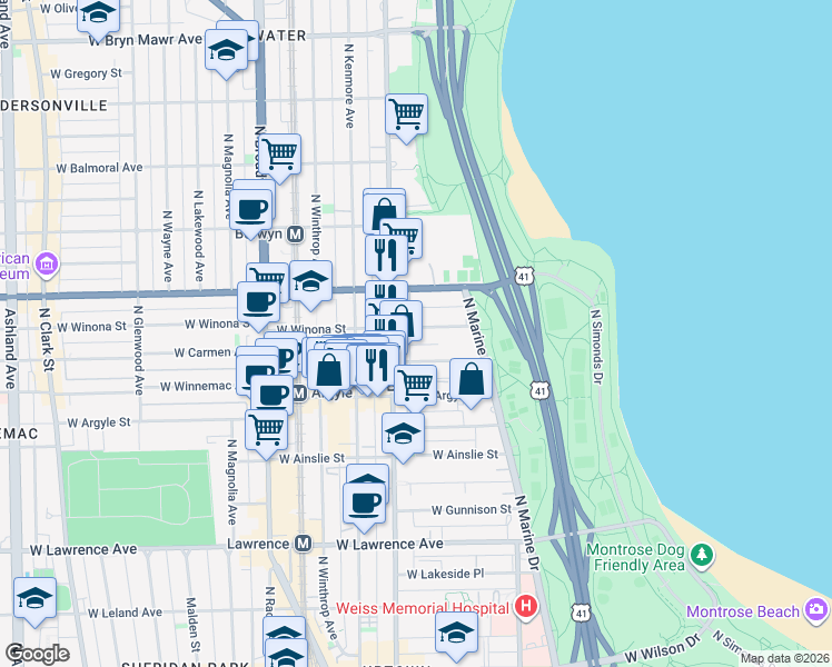 map of restaurants, bars, coffee shops, grocery stores, and more near 932 West Carmen Avenue in Chicago