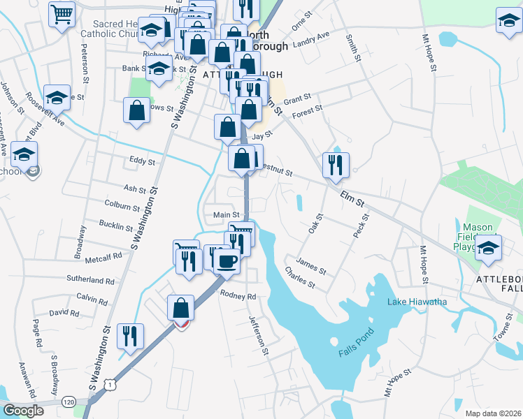 map of restaurants, bars, coffee shops, grocery stores, and more near 335 East Washington Street in North Attleborough