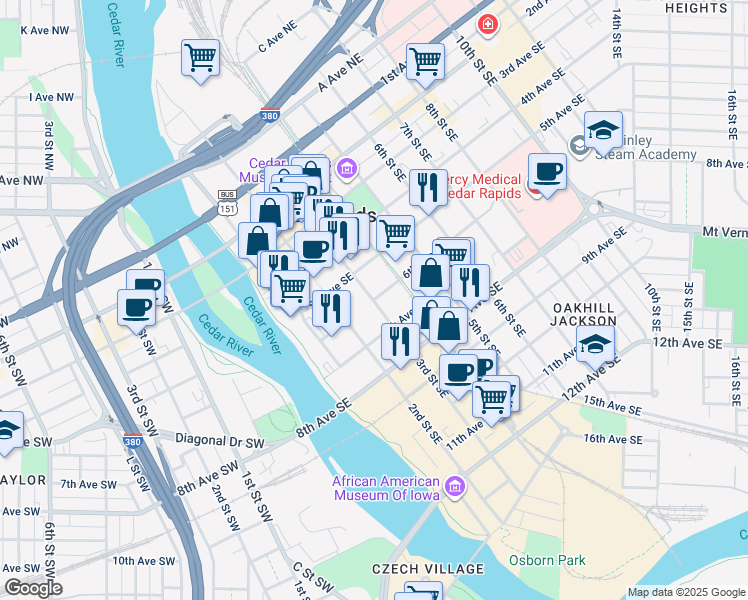 map of restaurants, bars, coffee shops, grocery stores, and more near 301 6th Avenue Southeast in Cedar Rapids