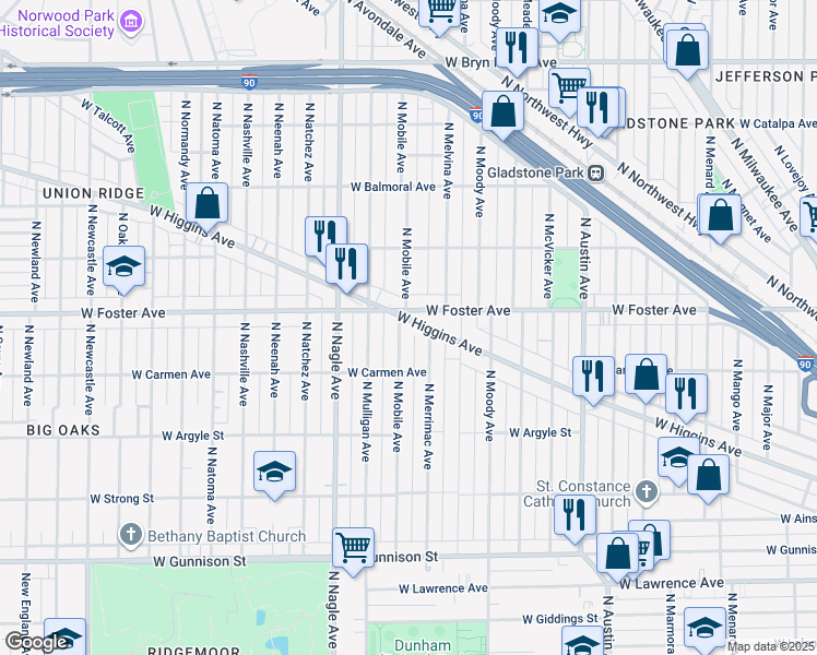 map of restaurants, bars, coffee shops, grocery stores, and more near 6255 West Higgins Avenue in Chicago