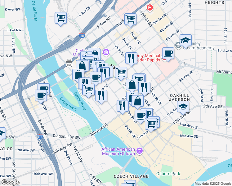 map of restaurants, bars, coffee shops, grocery stores, and more near 301 6th Avenue Southeast in Cedar Rapids