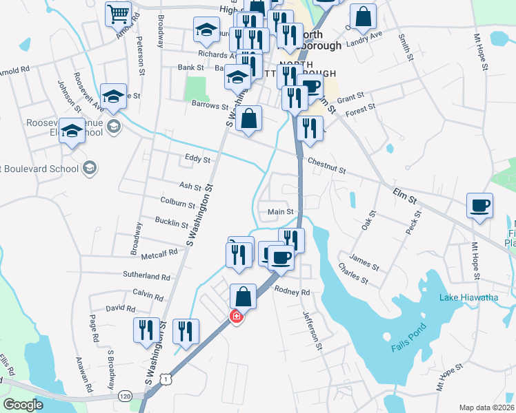 map of restaurants, bars, coffee shops, grocery stores, and more near 224 South Washington Street in North Attleborough